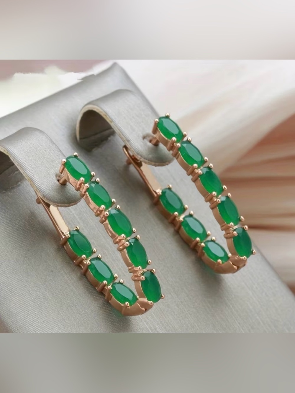 Green Gemstone Hoop Earrings - Rose Gold Setting